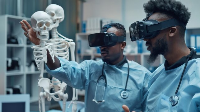Multiracial men in medical gowns exploring 3d scull models in VR glasses and having the discussion.