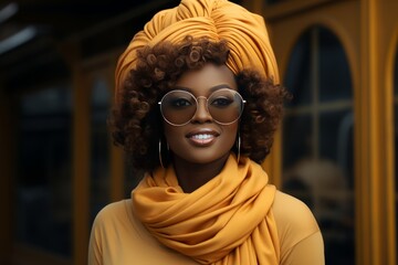Elegant woman with curly hair wearing a vibrant yellow headscarf and top - obrazy, fototapety, plakaty