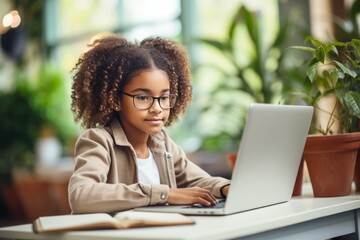 Smiling African schoolchild engaged in distance learning at a bright home setup