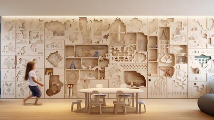 Interactive children's playroom with a magnetic wall covered in intricate patterned pieces, offering a uniquely creative and ever-changing space