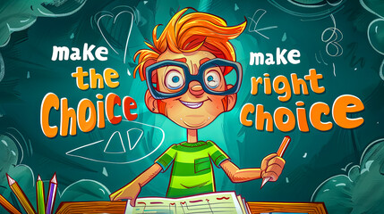Colorful illustration of a cartoon child with glasses contemplating choices