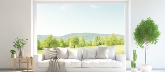 A minimalist living room featuring a white couch placed next to a large window, offering a view of a summer landscape.