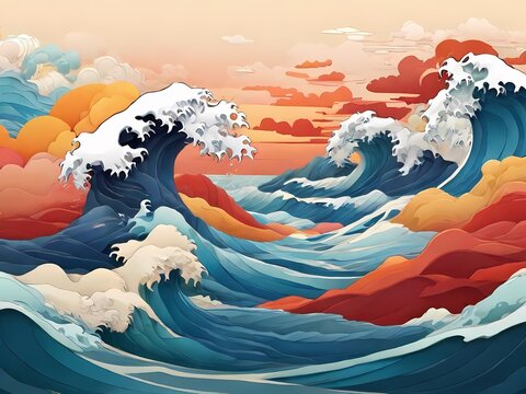 background wave ocean with japanese style awesome colour paper cut