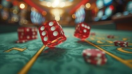 Red translucent dice caught mid-roll on a casino table, their dots bright against the green felt. Bokeh lights add to the high-stakes atmosphere