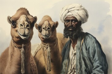Two camel's in the desert and their owner looking into the camera 