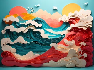 background wave ocean with japanese style awesome colour paper cut