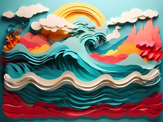 Fototapeta na wymiar background wave ocean with japanese style awesome colour paper cut