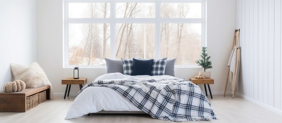 A comfortable white bed with a plaid throw is placed on a rug in a light bedroom with white walls. A small pouf is next to a table near a large window, filling the room with natural light.