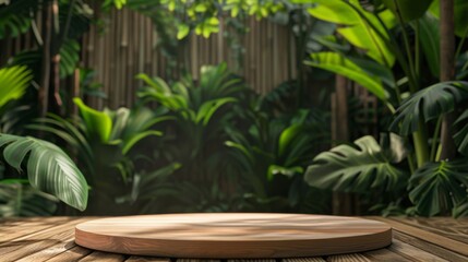Empty Wooden Table With Lush Greenery in a Tranquil Garden Setting