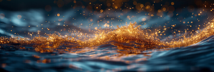 Flowing wave of light in blue tones and with gold splashes - obrazy, fototapety, plakaty