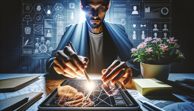 Dynamic UX Designer sketching wireframe on tablet with glowing blue light