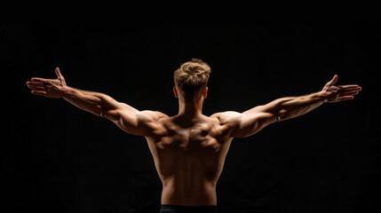 Naklejka premium Rear view of healthy muscular young man with his arms stretched out isolated on black background