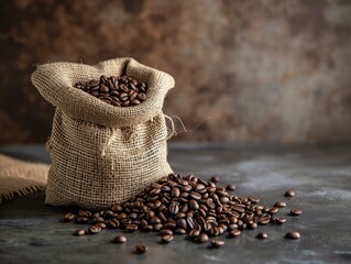 A bag of coffee beans is sitting on a table. Concept of abundance and the idea of enjoying a warm cup of coffee