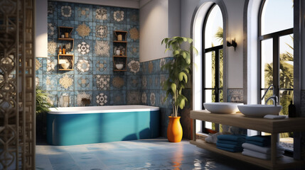 Moroccan-inspired tiles forming intricate patterns on a bathroom wall, bringing a touch of exoticism to a uniquely designed space