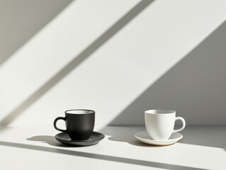 a white cup of coffee and a black cup of coffee on a white background, light coming through the window