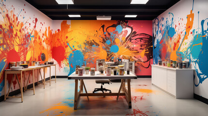 Modern art studio with an entire wall dedicated to a mural of intricate paint splatter patterns, adding a uniquely creative flair