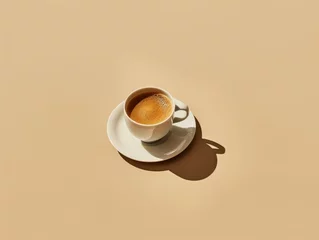 Fototapete Rund top view of a white cup of coffee on a minimalist beige brown background © LidiaLens