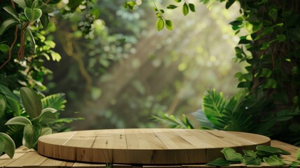 Empty Wooden Table With Lush Greenery in a Tranquil Garden Setting