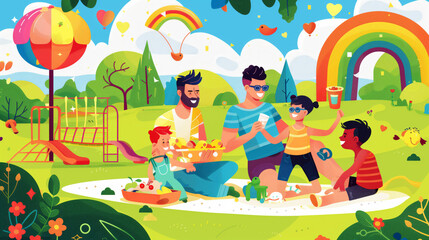 Obraz premium LGBT Family Picnic in the Park Illustration. A bright and joyful illustration of LGBT dads enjoying a colorful picnic with their children in a lively park setting. 