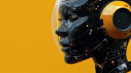 Fototapeta premium A sophisticated robotic sentinel head, with intricate detailing, stands poised against a stark orange backdrop, symbolizing cutting-edge technology.