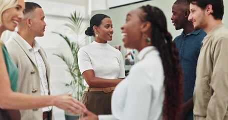 Meeting, business people and welcome handshake in office for hiring, success or b2b thank you. Recruitment, deal and employee group shaking hands for crm, agreement or corporate networking event