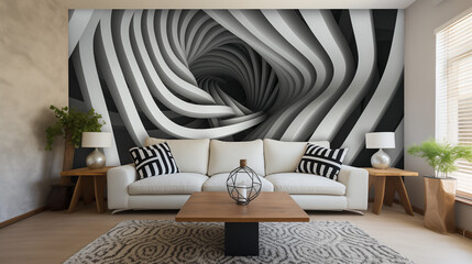 Optical illusion wall mural with intricate patterns, playing with perspective to create a uniquely dynamic visual impact in a living room