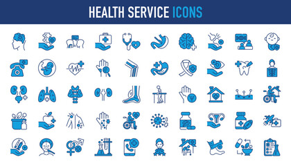 Health service icon set. Containing doctor, medicine, hospital, treatment, healthcare, skin care, aid, born baby, pills, clinic and more. Solid vector icons collection.