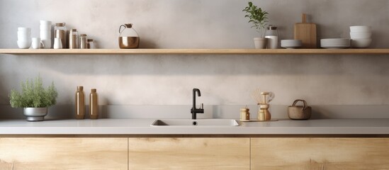 A modern kitchen with a concrete countertop sink and a stove. Light wooden shelves hold kitchenware, creating a functional cooking corner.