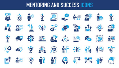 Mentoring and success icon set. concept with icon of goals, coaching, guidance, training, motivation, knowledge, support, and more. Vector icons illustration 
