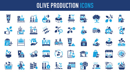 Olive production icon set. Such as cream, washing, oil tank, branch, harvest, press machine, jar, factory, filter, quality control, soap, shampoo, fertilizer, , lotion, sun cream and more vector icons