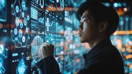  focused analyst interacts with a dynamic holographic data interface, reflecting a mesh globe, symbolizing global connectivity and digital advancements.