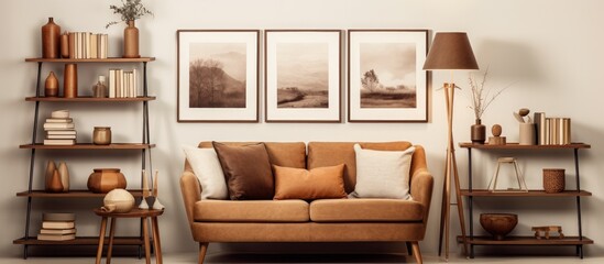 The living room is filled with furniture like a brown sofa, armchair, coffee table, and decorations. Pictures adorn the walls, alongside a shelf and lamp,