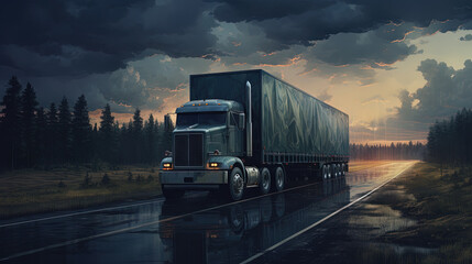 Cargo truck driving in the night or sundown. Transportation industry scene with long haul car.