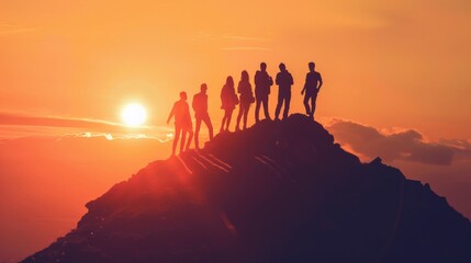 Teamwork and success concept, Silhouette of business people on the top of the hill