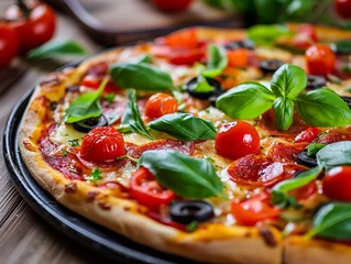 Deurstickers Authentic Margherita Pizza on Wooden Table © pavlofox