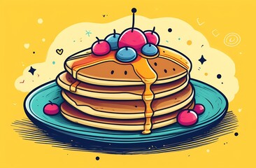 Pancakes on a blue plate on a pink background