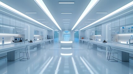 white futuristic digital laboratory interior in semiconductor manufacturing factory with machine, computer