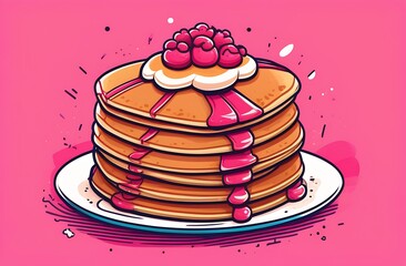 Pancakes on a blue plate on a pink background
