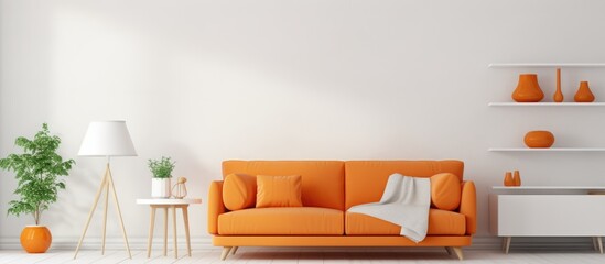 A white Scandinavian living room is filled with various furniture pieces, including an orange sofa, chairs, tables, and decor items. The room exudes a modern and clean aesthetic with a cozy ambiance.