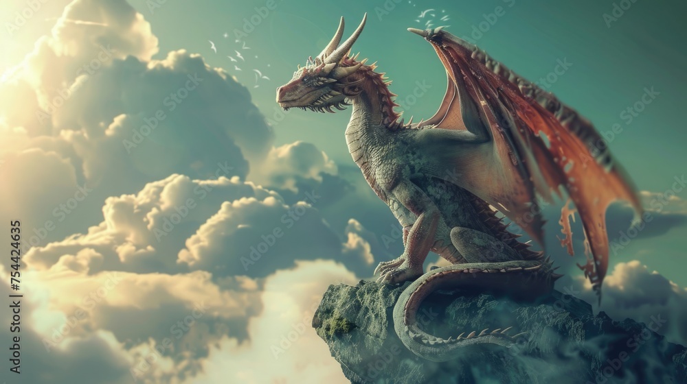 Canvas Prints big stunning white dragon sit on rock, high above the clouds. mystical magical creature from fairy t - Canvas Prints