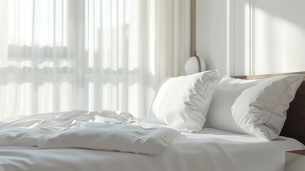 Fototapeta premium Serene morning light on an inviting, messy bed in a bright room.