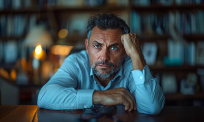 40s man sitting at a table with his hands on his head, looking down, worried and he is in a state of deep thought