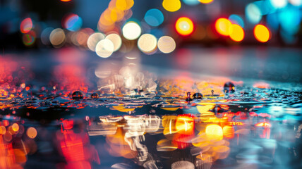 City lights sparkle in a symphony of colors, mirrored on wet urban streets after rainfall.