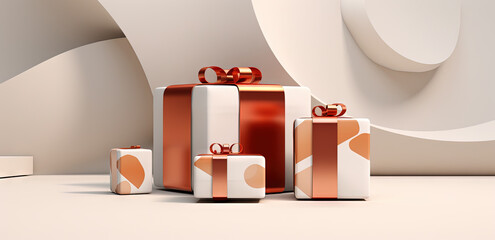 Set of gift boxes with ribbons, arranged for holidays or sale and discount event.