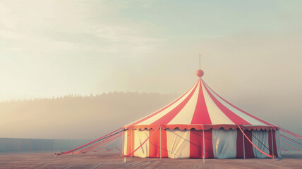 A serene carnival tent stands alone in soft morning mist, hinting at whimsy and nostalgia.