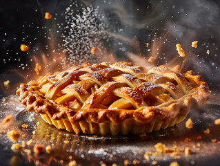 Delicious apple pie photography, explosion flavors, studio lighting, studio background, well-lit, vibrant colors, sharp-focus, high-quality, artistic, unique - obrazy, fototapety, plakaty