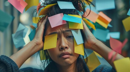 Woman's face covered with todo post-it notes with hands grabbing hair on the head - obrazy, fototapety, plakaty