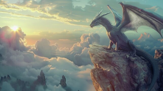 Big stunning white dragon sit on rock, high above the clouds. Mystical magical creature from fairy tale. Sky background. Monster from legends and myths. Mystery wild animal from old medieval times.