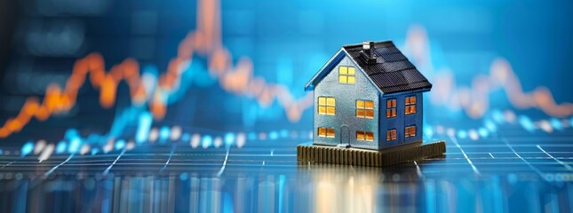 A miniature blue house set against a blurred background of financial graphs, highlighting the housing market's trends. - obrazy, fototapety, plakaty