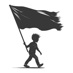 Silhouette little boy ran while carrying a plain black flag